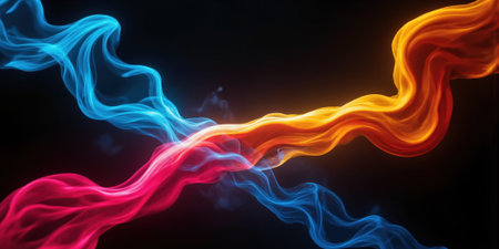 Colorful Smoke Abstract Art Vibrant plumes of colored smoke (red, blue, yellow) intertwine and swirl against a black background.の素材