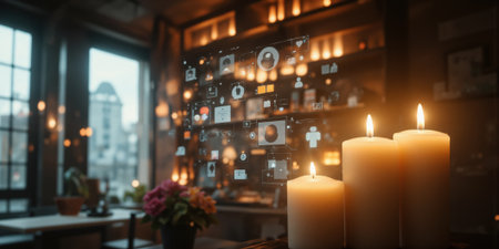 Customer Focus Candlelight and Flowers with Feedback Icons A warm, inviting scene of candlelight and flowers, subtly overlaid with customerの素材