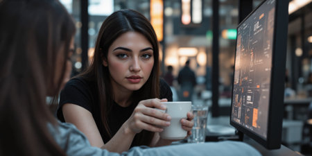 Coffee Business Meeting: Women discuss graphs on computer in a cafe during daytimeの素材