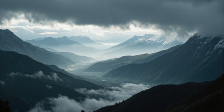 Mystic Fog Mountain Landscape Layers of rolling hills shrouded in a thick, ethereal fog, creating a sense of mysteryの素材
