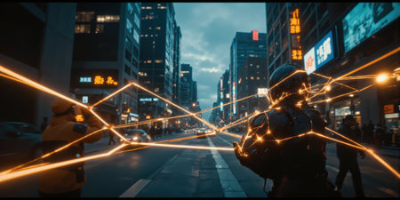 Cyberpunk Network City: Futuristic people connect at dusk in a crowded urban setting.の素材