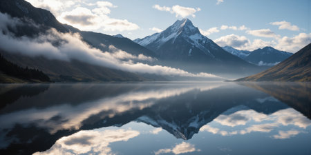 Misty Mountain Lake Dawn A serene alpine lake reflects perfect mirror images of surrounding mountain peaks at first light. Wispsの素材