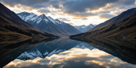 Alpine Lake Reflection A perfectly still mountain lake mirrors the surrounding snow-capped peaks and cloud-dappled sky at dawn. Shot withの素材