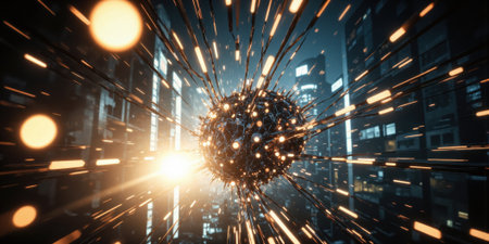 Spiky Ball Buildings Light: Sphere expanding with energy in city at night possibly for visual effectの素材