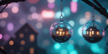 House Christmas Baubles Night: Houses inside spheres hang for dreamy holiday season decor.の素材