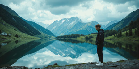 Mental Wellness Landscape A person stands peacefully at the edge of a tranquil lake reflecting perfect mountain scenery, symbolizingの素材