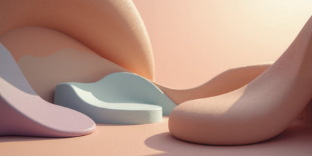 A modern and minimalist abstract composition in mocha, musse, with accents of light turquoise and soft lavender creates a balancedの素材