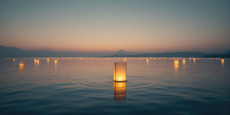 A minimalist ocean horizon with floating lanterns for serene and creative visuals. A calm ocean stretches to the horizon underの素材