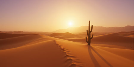 Minimalist desert landscape with a single cactus for eco-friendly and adventure branding. A lone, resilient cactus stands tallの素材