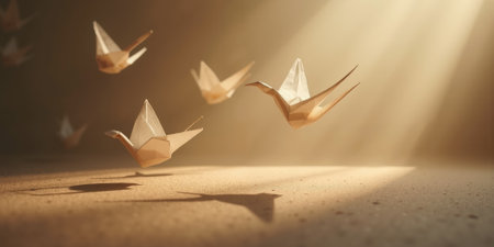 Floating paper cranes in origami style hover gracefully above a textured sand-colored plane, lit dramatically from one side to accentuateの素材