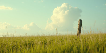 Minimalist meadow with a single wooden fence post for rural and nostalgic themes. A wide, open meadow with lush greenの素材
