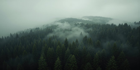 Minimalist rolling fog over a dense forest for environmental and mysterious visuals. A birds-eye view of a dense evergreen forestの素材