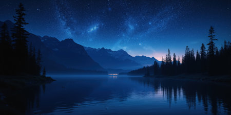 Starry night sky over calm lake, silhouette of pine trees, deep blue tones, reflection in waterの素材