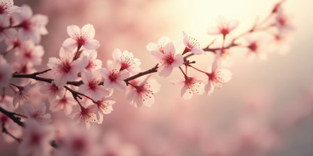 Delicate cherry blossom branches stretch horizontally across a gradient background shifting from dusty rose to ivory, their petals falling gentlyの素材