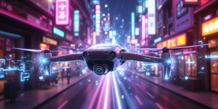 A futuristic AI-driven food delivery system, where drones autonomously navigate cities to deliver meals, visualized against an abstract backdropの素材
