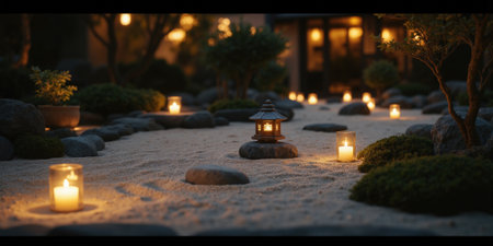 A tranquil Zen garden illuminated by soft candlelight for mindfulness and spiritual visuals. A minimalist Zen garden featuring smooth rakedの素材