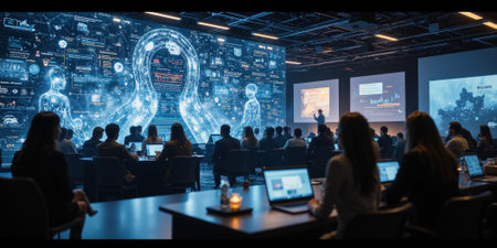 Conference Data Audience: Tech presentation shown for analysis, learning in a hall with audience seated.の素材