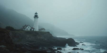 Mysterious lighthouse in coastal fog for maritime and navigation visuals. A tall, white lighthouse stands alone on a rugged rockyの素材