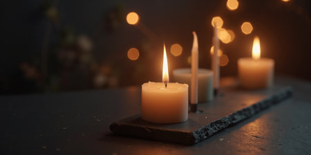 Minimalist birthday candles burn steadily on a pure black slate, their flames flickering slightly due to intentional motion blur; intimateの素材