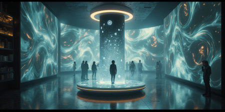 A futuristic gaming console where players interact in an augmented reality world powered by AI, surrounded by abstract swirling digitalの素材