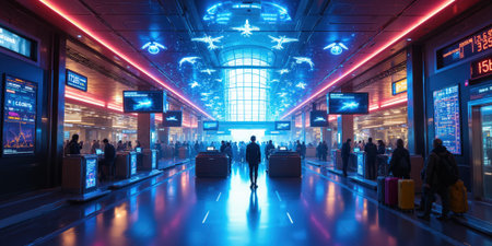 Airport Terminal Passengers: Futuristic airport terminal with passengers checking flight info at night for travel.の素材