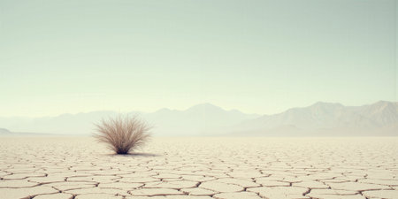 Minimalist flat desert landscape with cracked earth for environmental and climate visuals. A barren, cracked desert floor stretches intoの素材