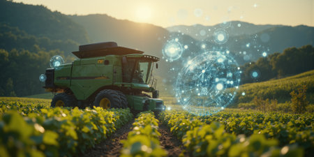 A smart agriculture platform where AI manages crop health, soil conditions, and harvest timing, all through real-time data visualization.の素材