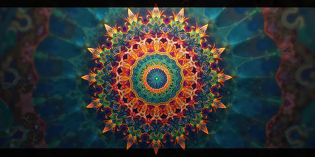 Intricate mandala designs radiate outward from a central jewel tone, surrounded by negative space to maintain simplicity while honoring culturalの素材