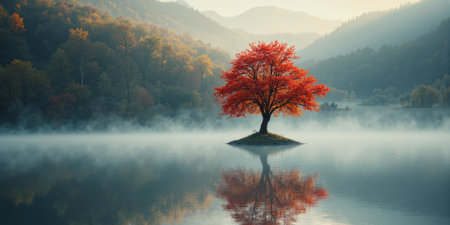 A tranquil autumn scene with a single, vibrant red maple tree surrounded by a light morning mist. The trees reflectionの素材