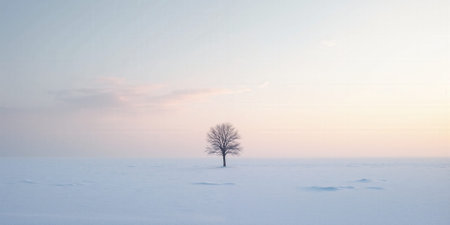 Vast snowy plain with a single tree for minimalist winter themes. A barren tree stands alone in the middle ofの素材