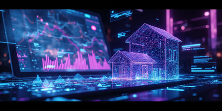 A blockchain-powered digital real estate investment platform where AI evaluates and manages property portfolios. The Mocha Mousse and Digital Lavenderの素材