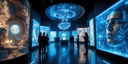A digital museum of the future, powered by AI, where visitors experience immersive exhibits in virtual reality, interacting with artifactsの素材
