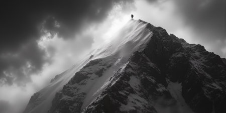 Mountain Climbing Summit: Hiker ascends snowy peak under dramatic sky, conquering for adventure, daytime.の素材