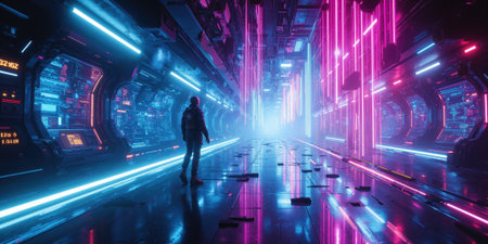 Futuristic Metaverse Experience - A surreal, high-tech environment where a humanoid figure walks through an endless corridor of floating hologramsの素材