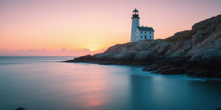 Serene coastal lighthouse sunset Travel and relaxation concept Minimalist coastal landscape featuring a solitary white lighthouse on rocky shore, pastelの素材