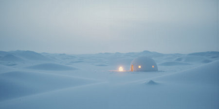 A minimalist Arctic landscape with a single glowing igloo for creative and winter visuals. A vast, snow-covered Arctic plain stretchesの素材