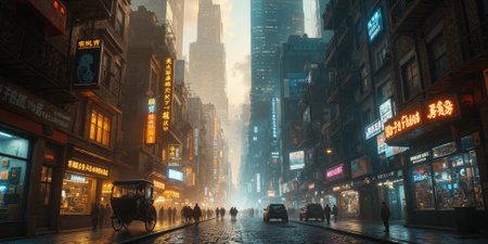 Cyberpunk Street Cityscape: Crowded street with signs at night, buildings illuminated in futuristic urban area.の素材