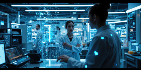 A high-tech AI-powered research lab where scientists collaborate with robots and machines to conduct advanced experiments. Digital data is constantlyの素材