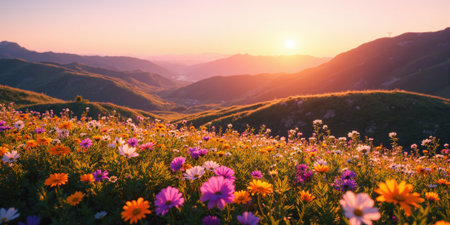 Rolling hills covered in wildflowers at golden hour for spring and inspirational themes. A series of gently rolling hills blanketedの素材
