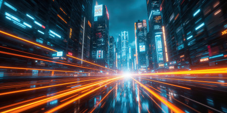 Cyberpunk Energy Waves - Pulsating waves of glowing data ripple across a darkened futuristic cityscape, forming vibrant neon orangeの素材