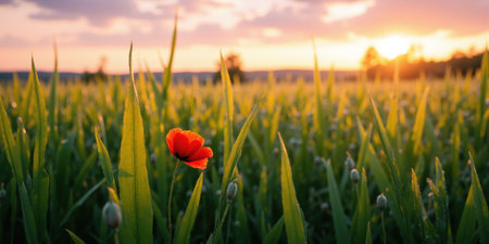 A tranquil field of tall, lush green grass swaying gently in the breeze, with a single vibrant red poppy standingの素材