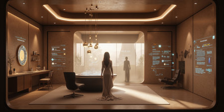 A futuristic hospitality management system powered by AI, where guests use personalized digital assistants for booking, check-in, and room service.の素材