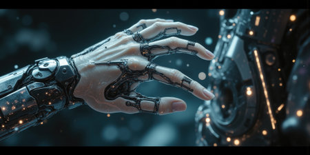 Cybernetic Human Enhancement - A close-up of a human hand integrating with a sleek robotic prosthetic, veins pulsing with Astroの素材