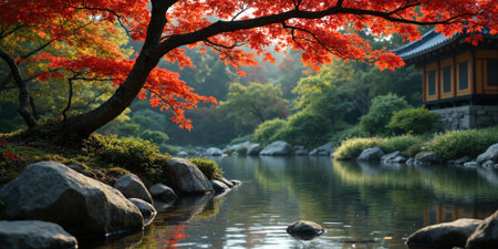 Tranquil Japanese garden with a single red maple tree for cultural and meditative visuals. A serene Japanese garden featuring aの素材