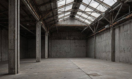 Industrial Loft Gallery - Empty exhibition loft with concrete floors, high ceiling beams, sunlight filtering through upper glass, captured fromの素材