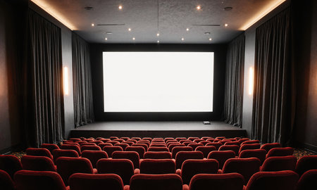 Empty Film Screening Room. A plush, modern screening room with rows of empty red velvet seats all facing a largeの素材