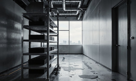 Silent plastic molding, cooling tower connections in ceiling, shot from operator station, hydraulic fluid stains on floor, mold storage racksの素材