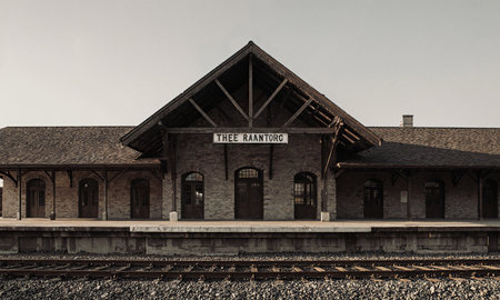 Vacant train depot Empty depot with high roof trusses and tracks leading into nothingness, symmetrical frontal shot, muted graysの素材