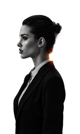 A female business leader in ink-black with a rising sun behind her crown of gears, merging intellect and stamina asの素材