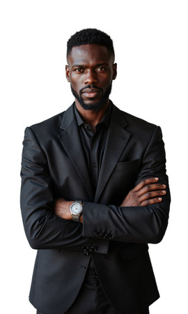 A Black male entrepreneur, confidently standing with arms crossed, his gaze clear and determined, symbolizing innovation, resilience, and leadership thatの素材